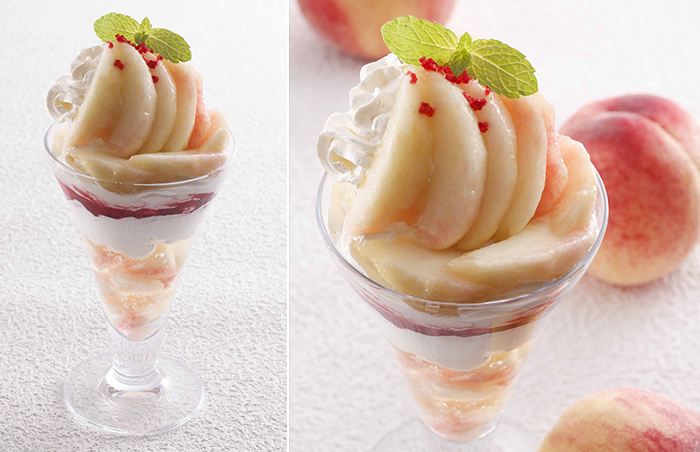 Supreme Hida peach parfait includes peach ice cream, raspberry sauce, soft-serve ice cream, diced peach and peach jelly.