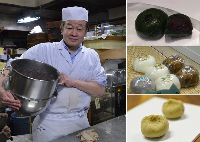 Left: Tohoen president Mr. Nakata Top right: kusamanju (steamed bun with mugwort) middle right:Neko(cat) manju above right:kuri-kinton(mashed sweet potato with chestnut)