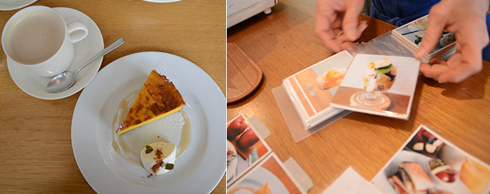左：すくなかぼちゃのチーズケーキ右：他の季節のメニューを見せていただいている様子