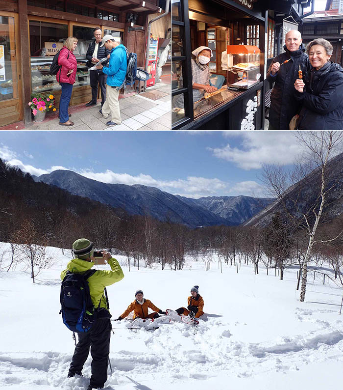 上：高山市内をめぐるウォーキングツアーもあります。 下：冬季は【飛騨里山スノーシュー】