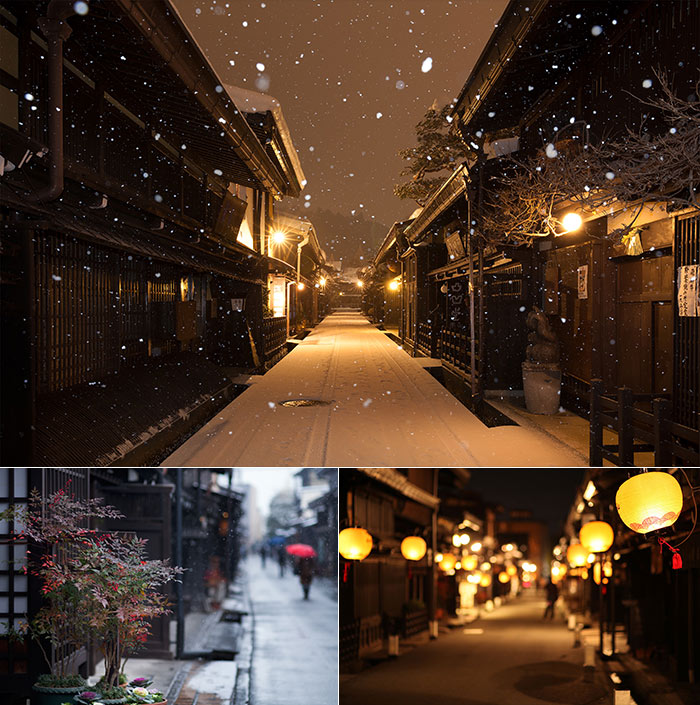 Top: Snowing in the old town at night Lower left: The beautiful contrast with pot plant Lower right: Chochin light up